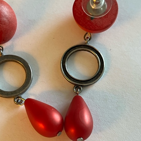 Red and silver metal pierced earrings 3” long - Picture 2 of 4